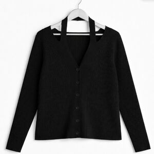 Retro Boho 3X Black Ribbed Knit Long Sleeve Stretch Button Front Sweater New